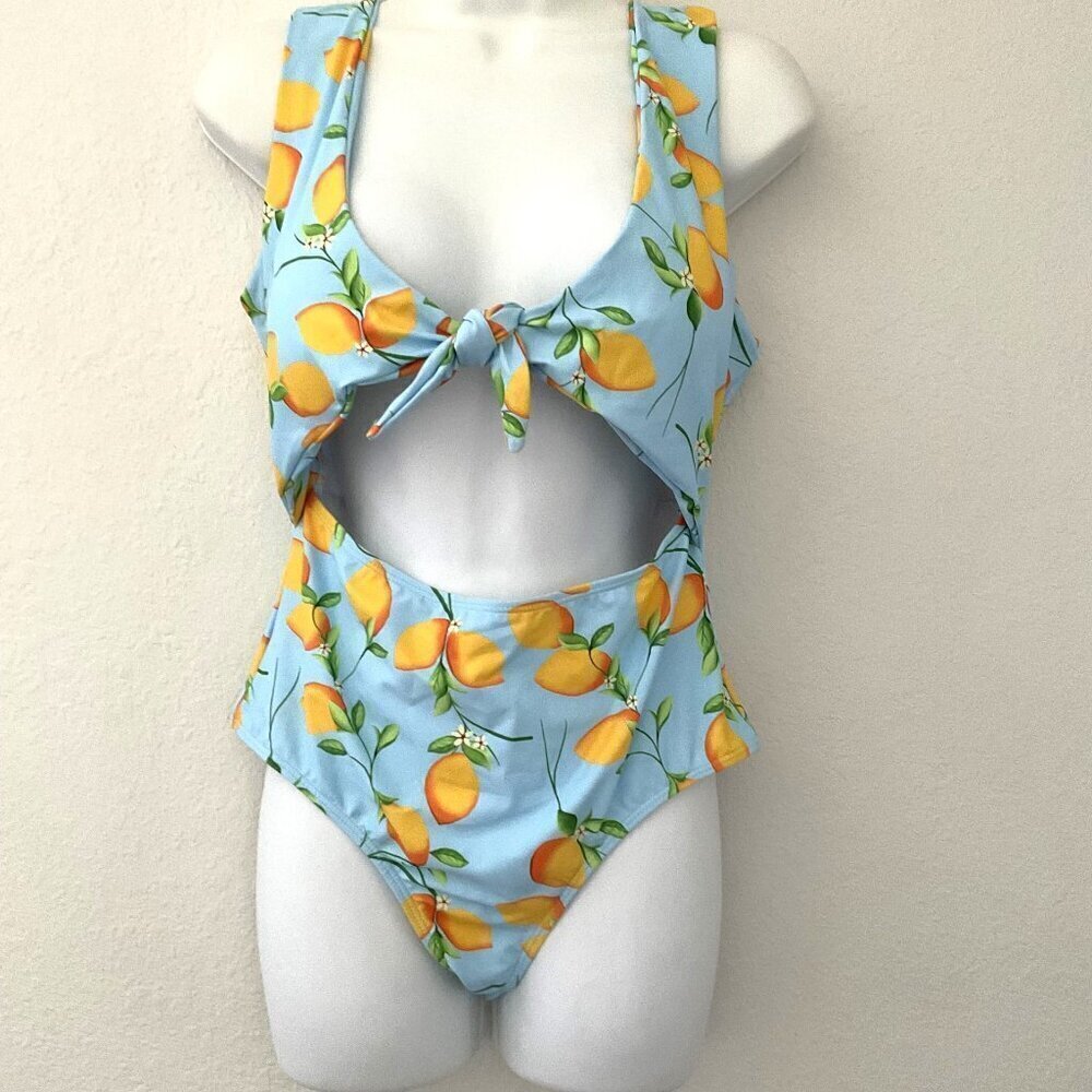 LEMON BLOSSOM HIGH WAIST FRONT TIE CUT OUT ONE PIECE SWIMSUIT